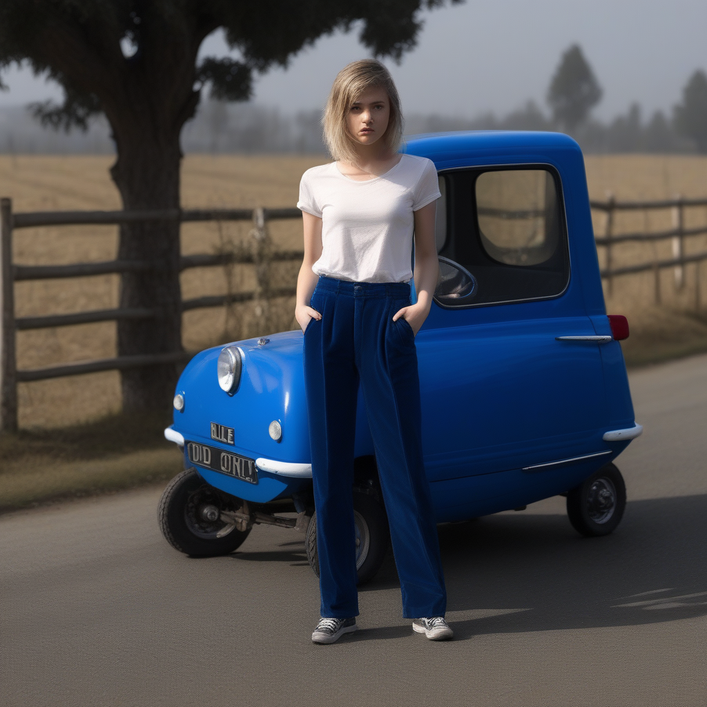 blue pants, tree, shadow, english text, vehicle focus, tiny car, fence, old man, road, grey background, 1girl, stubble