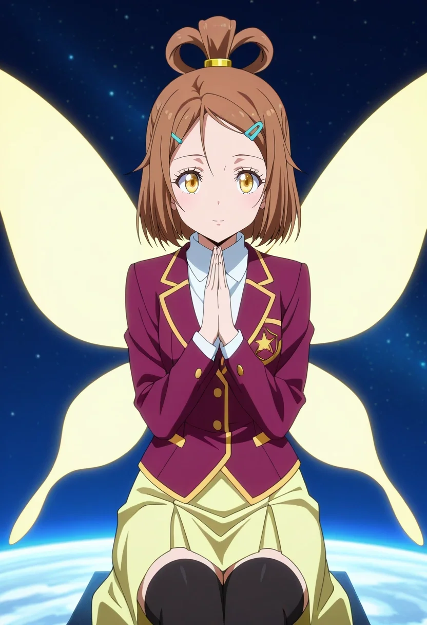 masterpiece, best quality, anime screencap, anime coloring, official style, , looking at viewer, 1girl, gold eyes, brown hair, top knot hair, hairclip, blazer, long skirt, fairy wings, thighhighs, solo, star sanctuary, space temples, stellar paths, meditation domes, peaceful pose, serene expression, space lighting, <lora:tensura_style_ilxl:1>, tensura_style,