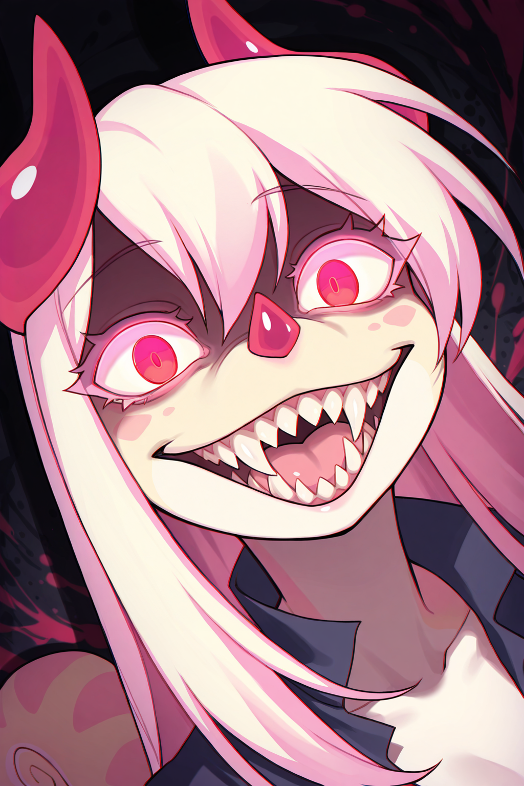 Score_9, score_8_up, score_7_up, masterpiece, best quality, newest, absurdres, highres, 1girl, pomseel, red eyes, horns,dynamic angle, pink_eyelashes, long hair, fang, snout, sharp teeth, solo, chameleon girl,  evil smile,  yandere,  shadow, dark background, glowing eyes, close-up