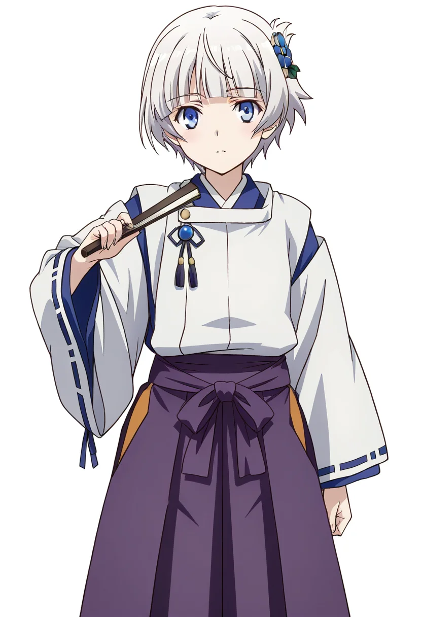 masterpiece, best quality, absurdres, detailed skin, detailed eyes, detailed face, anime colored, anime screencap, anime colored,
<lora:meteora-osterreich-s1-ponyxl-lora-nochekaiser:0.9>, meteora osterreich, short hair, bangs, blue eyes, hair ornament, white hair, blunt bangs, looking at viewer, cowboy shot,
<lora:kariginu:1>, ((kariginu)), hakama skirt, long sleeves, folding fan,
((white background)),