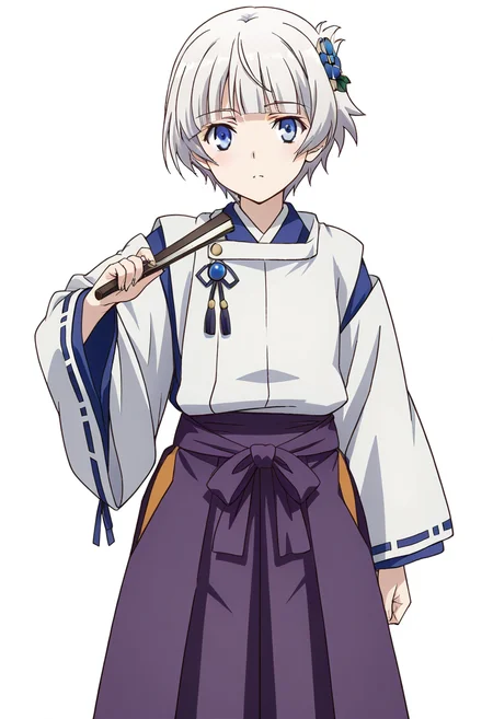 masterpiece, best quality, absurdres, detailed skin, detailed eyes, detailed face, anime colored, anime screencap, anime colored,
<lora:meteora-osterreich-s1-ponyxl-lora-nochekaiser:0.9>, meteora osterreich, short hair, bangs, blue eyes, hair ornament, white hair, blunt bangs, looking at viewer, cowboy shot,
<lora:kariginu:1>, ((kariginu)), hakama skirt, long sleeves, folding fan,
((white background)),