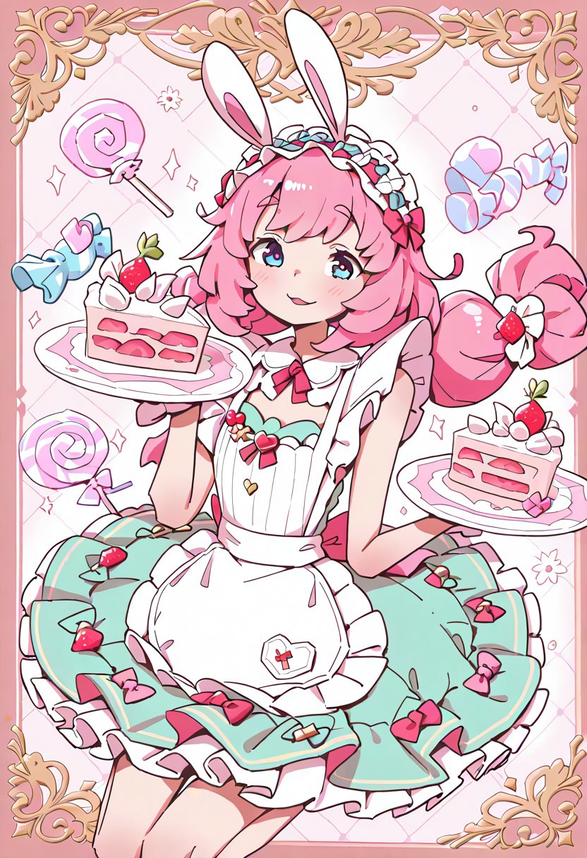 lazypos, character focused, cute anime girl, pastel color palette, candy themed outfit, bunny ears headband, frilly apron dress, turquoise pink ribbons, holding cake slice, surrounded by bunnies, floating candy pieces, carousel motif, joyful expression, dessert accessories, kawaii fashion, heart details, playful background, magical sweetness, teal bows, strawberry accents, lollipop decor, bubblegum fantasy, RaigStyle