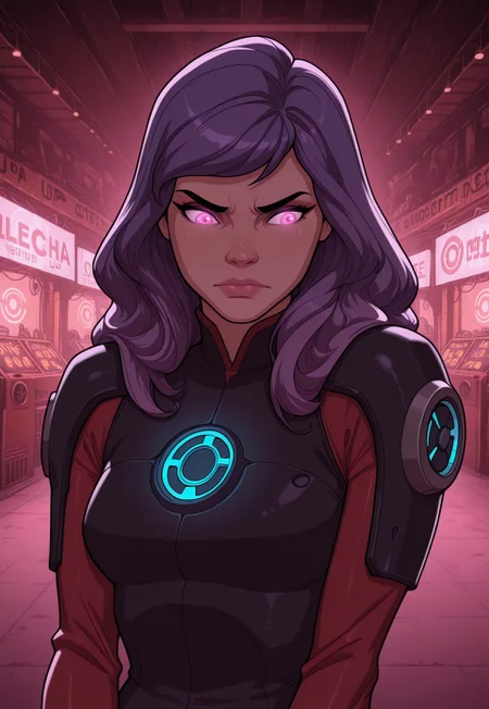 score_9, score_8_up, score_7_up, 1girl, solo, intergalactic bounty hunter, futuristic battle armor with glowing neon accents and advanced tech, dual plasma blasters with sleek designs and glowing energy cores, short spiky purple hair with cybernetic enhancements, realistic, cinematic angle, cinematic lighting, athletic body, determined face, glowing cyan eyes, combat-ready pose
BREAK
tracking a target through a bustling alien marketplace
BREAK
source_sci-fi_art, rating_explicit, expressive, full body, dynamic pose
BREAK
detailed beautiful background, vibrant alien marketplace with exotic stalls and bustling crowds, neon-lit signs and holographic advertisements, alien creatures and advanced technology, distant spacecraft and futuristic skyline, high-tech atmosphere with a sense of adventure and danger
<lora:Expressive_H:0.6>Expressiveh, (SimplepositiveXLv1:1.3), (upper body, full clothed:1.85) ((masterpiece)) (ultra realistic, 32k, masterpiece:1.2), (high detailed skin:1.1), (high quality:1.1) (((full clothed))) <lora:DandonFuga_Style_v.2_-_Pony:0.8> 
<lora:add-detail-xl:1> 
<lora:Dynamic Poses:1>