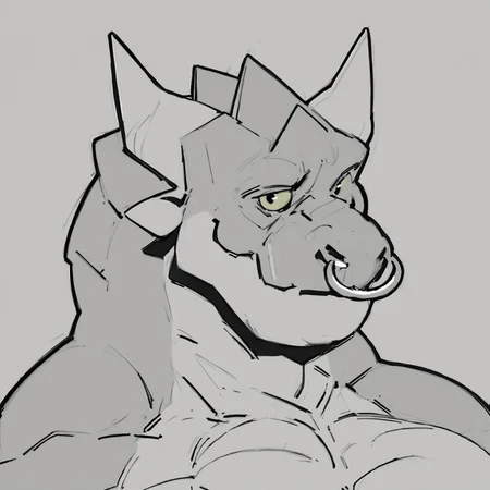 safe_pos, zPDXL3,rating_explicit, source_furry, digital media \(artwork\), masterpiece, high quality, best quality,BREAK,dragon, looking at viewer, , muscle,(monochrome:1.4), (sketch),(nose ring, nose_piercing:1.3), (yellow sclera:1.2), headshot phone,ears,