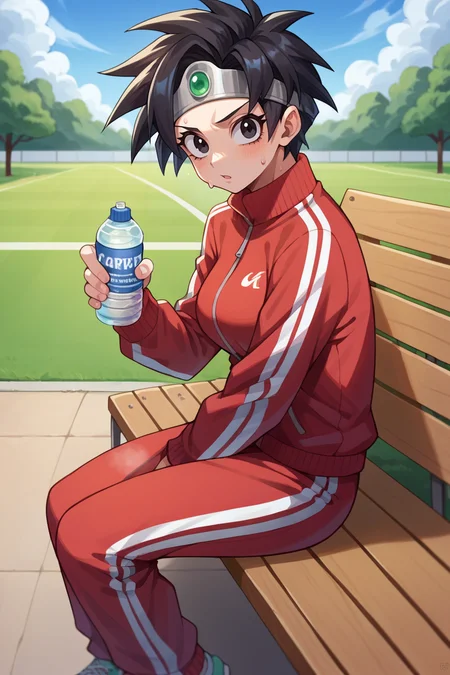 score_9, score_8_up, score_7_up, score_6_up, source_anime, BREAK 1girl, solo, <lora:dq3heroine-pdxl-nvwls-v1-000004:0.9> dq3heroine, black hair, spiky hair, black eyes, circlet, red track suit, red track pants, sneakers, sitting, bench, park, holding water bottle, sweat, looking at you