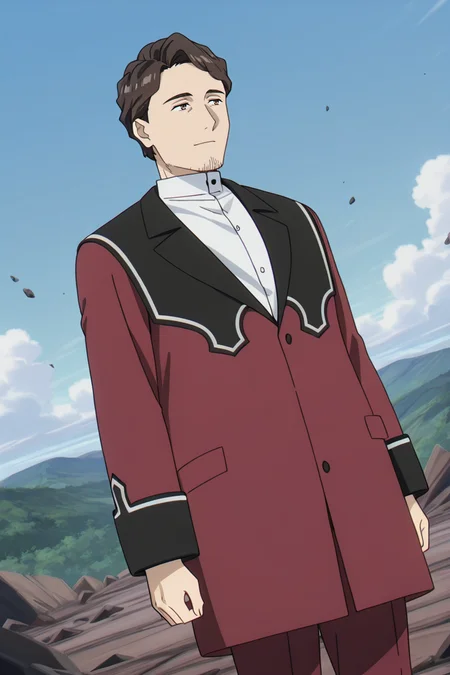 score_9, score_8_up, score_7_up, score_6_up, perfect anatomy, perfect proportions, best quality, masterpiece, high_resolution, high quality, best aesthetic, incredibly absurdres, highres, extremely detailed, huge filesize, solo male, adult, mature, masculine, manly, handsome, charming, alluring, standing, upper body, dutch angle, cowboy shot, perfect face, source_anime \(Frieren: Beyond Journey's End\), anime coloring \(Frieren: Beyond Journey's End\), Richter\(Frieren: Beyond Journey's End\), FRRRichter, dark brown hair, short hair, facial hair, stubble, brown eyes, FRRRichter_outfit,white collared shirt, tunic collared shirt, stand collar shirt, red brown coat, red/black coat, red brown pants, black footwear, earthquake, debris, earth fissure, outdoor