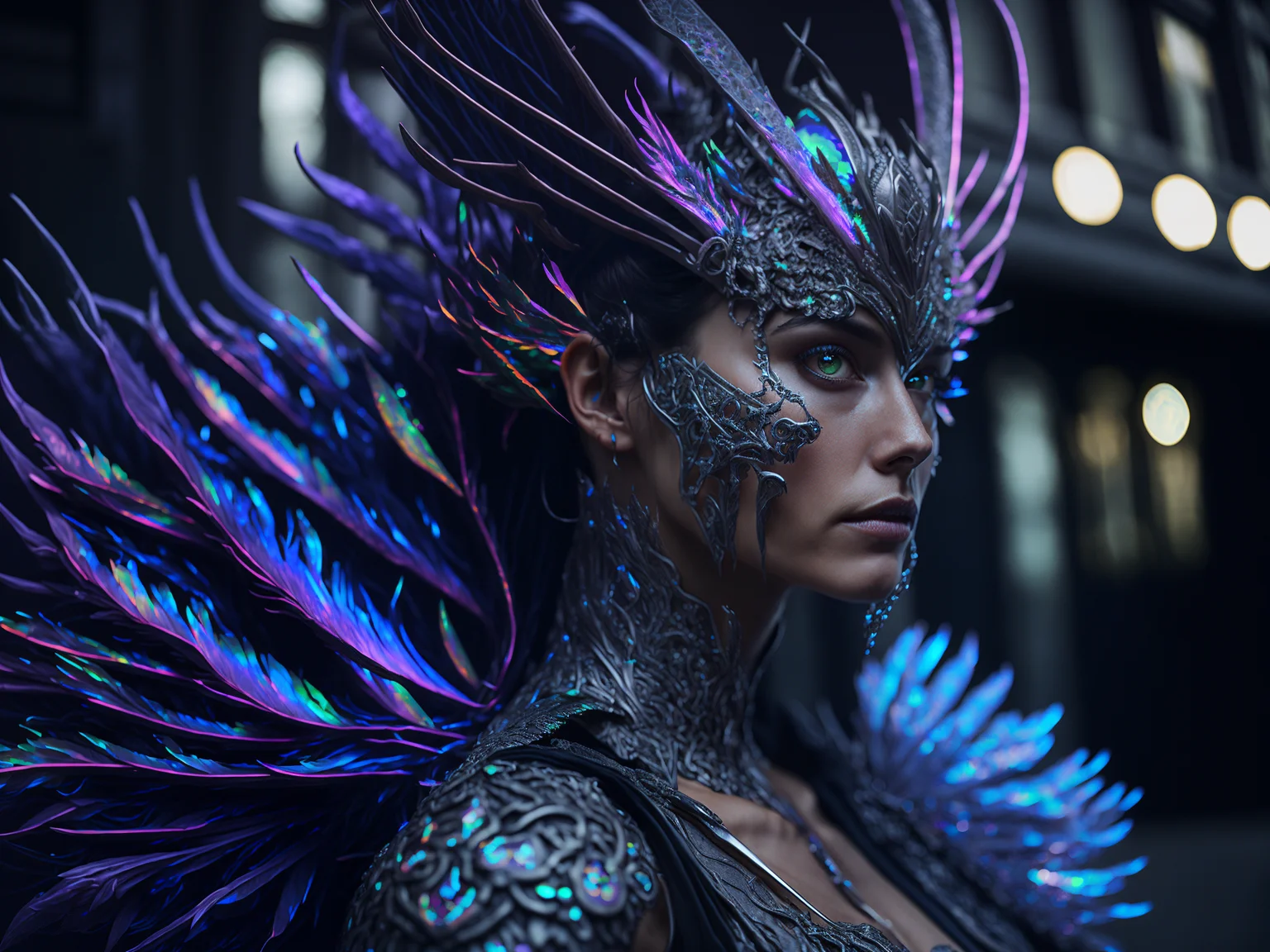 award winning studio closeup photo of a triangle single beautiful girl wearing intricate (bioluminescent:2.4) ornate (rainbow opal:1.7) feather victorian attire, metal armour opera mask standing outside of a city stree, feathers, illuminati logo, (long dragon horns:1.3), tusks, neon light, low key, high contrast, zbrush