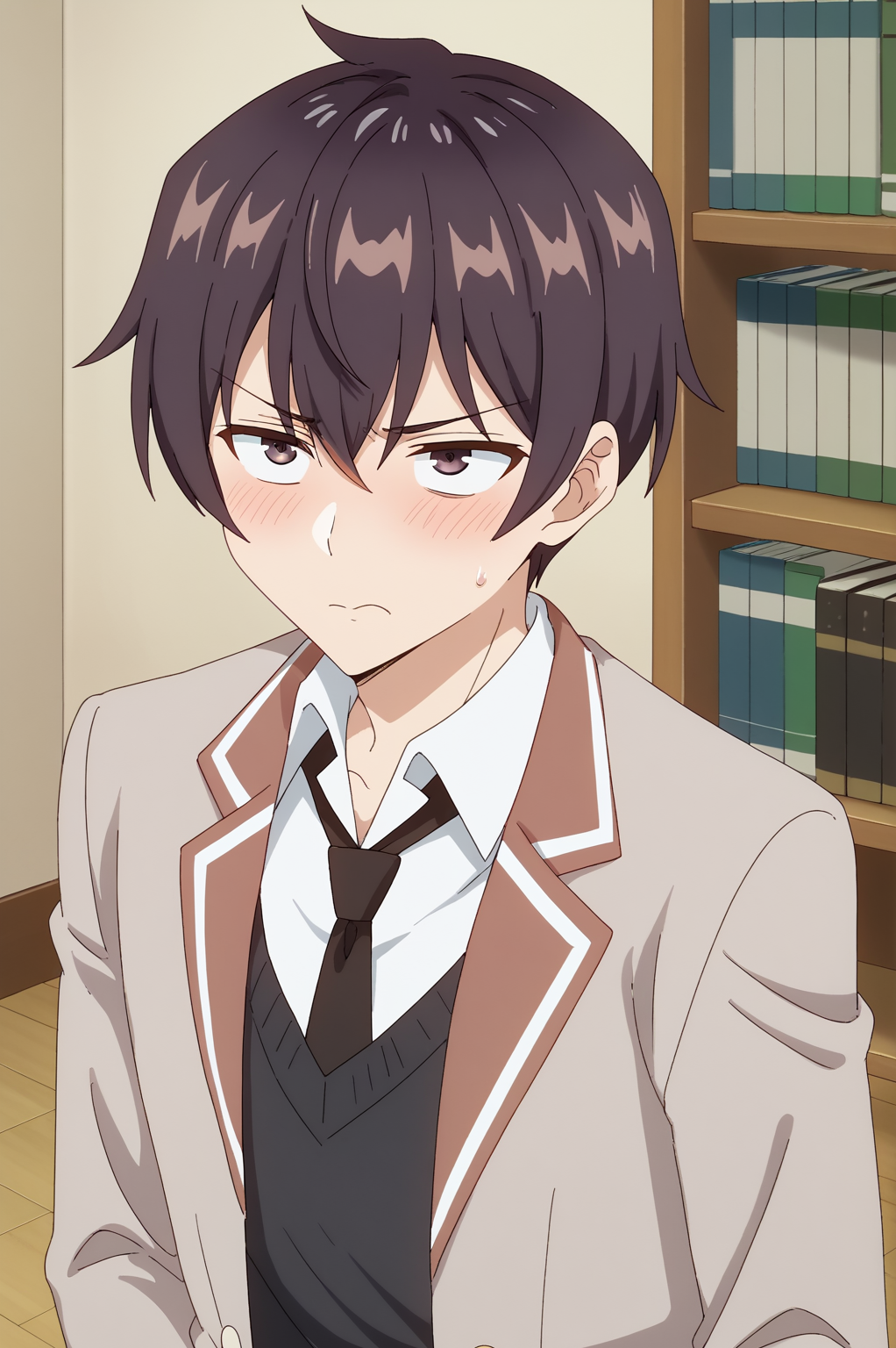 <lora:rttt:0.8> Masachika, solo, blush, short hair, shirt, black hair, hair between eyes, closed mouth, jacket, school uniform, white shirt, necktie, collared shirt, indoors, sweatdrop, v-shaped eyebrows, book, blazer, looking up, black necktie, brown jacket, bookshelf