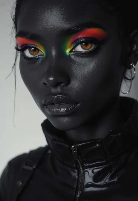 A highly detailed close-up of a black skinned woman with bold eyeshadow and Planethead, Her face is softly illuminated, exuding a mysterious allure. The eyes are adorned with striking, colorful eyeshadow that accentuates her deep, expressive gaze. Her lips are slightly parted, adding a hint of playfulness, while soft shading highlights the curves of her face. The monochrome background enhances the timeless elegance, while subtle color accents, such as a gentle glow on her lips, enhance the atmosphere of dark enchantment.
Nistyle, monochrome analog photo, extreme face close-up, a captivating ethereal nun, royal aura, alluring charm, hyper-detailed photorealistic, with vibrant neon color highlights, gray, white, and soft pastel tones.