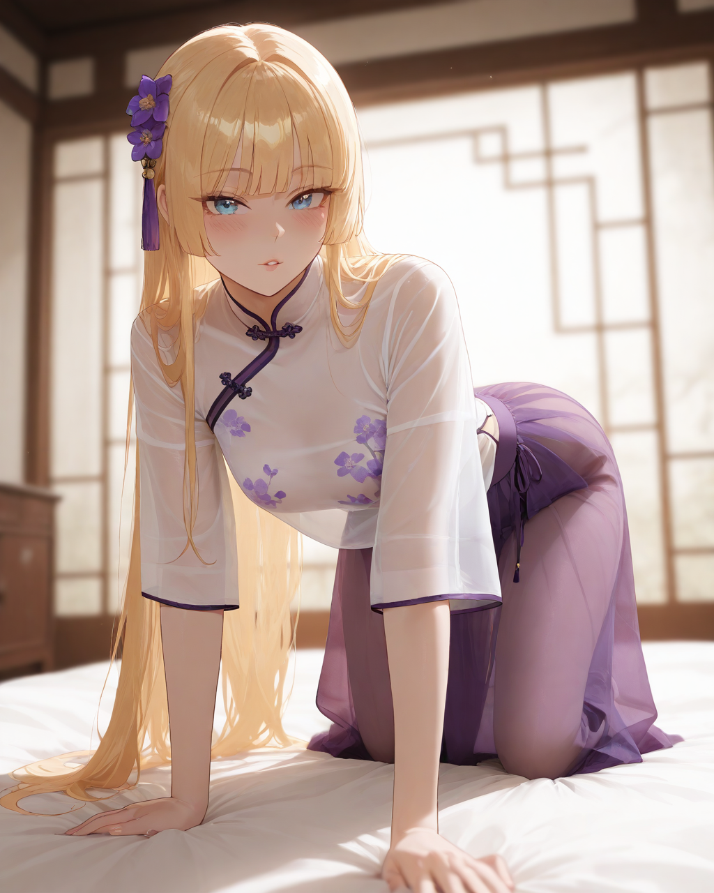Masterpiece, best quality, amazing quality,newest,absurdres,highres,
1girl,solo, 
blonde_hair, long_hair, straight_hair,hime_cut,blue_eyes,hair flower,bangs,  
QHNY0,
chinese shirt,purple skirt,floral print,see-through,
full_body,  
looking_at_viewer,all_fours,blush,from_front,face away, 
chinese room,blurry_background,soft light, 





