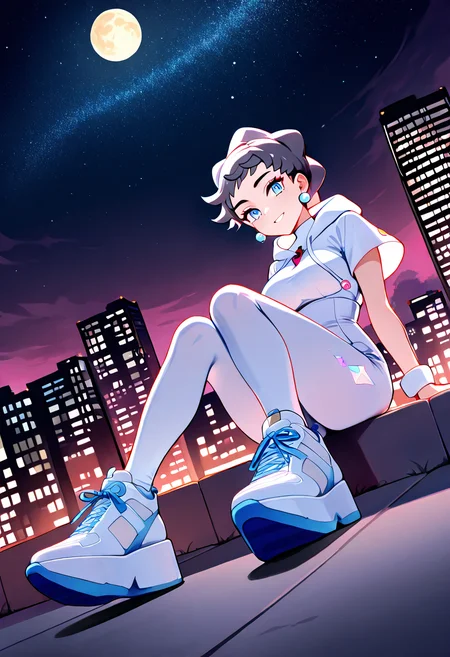 masterpiece, best quality,  curvy, beautiful eyes, narrow waist, wide hips, smile, looking at viewer, dynamic angle, foreshortening, close up,    zzDiantha, diantha (pokemon), blue eyes, grey hair, short hair, makeup, eyeshadow,  <lora:DianthaPokemon_IXL:1.0>  [Celestial Streetwear], Oversized moon hoodie, starglyph tights, platform sneakers, alien earrings, Leaning on a rooftop at night, surrounded by cosmic city lights and a starry sky.