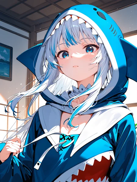 masterpiece,best quality,score_9,score_8_up,score_7_up,best quapoty,highres,absurdres,source_anime,indoors,<lora:NAI:0.7>,NAI_style,<lora:gawr_gura_(1st_costume):0.8>,close-up,upper body,indoors,gawr_gura_(1st_costume),(1girl:1.1),solo,multicolored hair,shark hood,