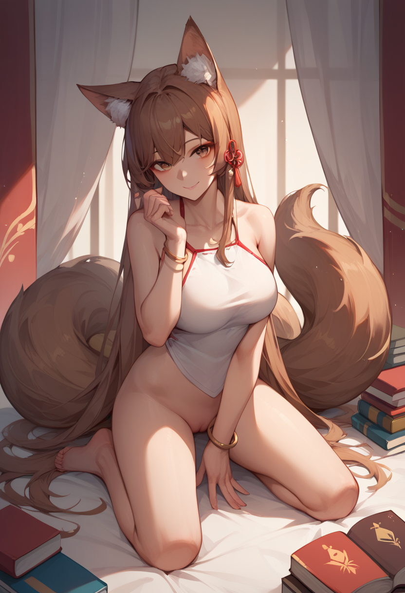 score_9,score_8_up,score_7_up,<lora:dudou:1>,dudou, 1girl, solo, breasts, animal ears, long hair, brown hair, kneeling, large breasts, tail, barefoot, fox ears, book, fox tail, jewelry, bracelet, smile, brown eyes, very long hair, looking at viewer, no panties, bare shoulders
