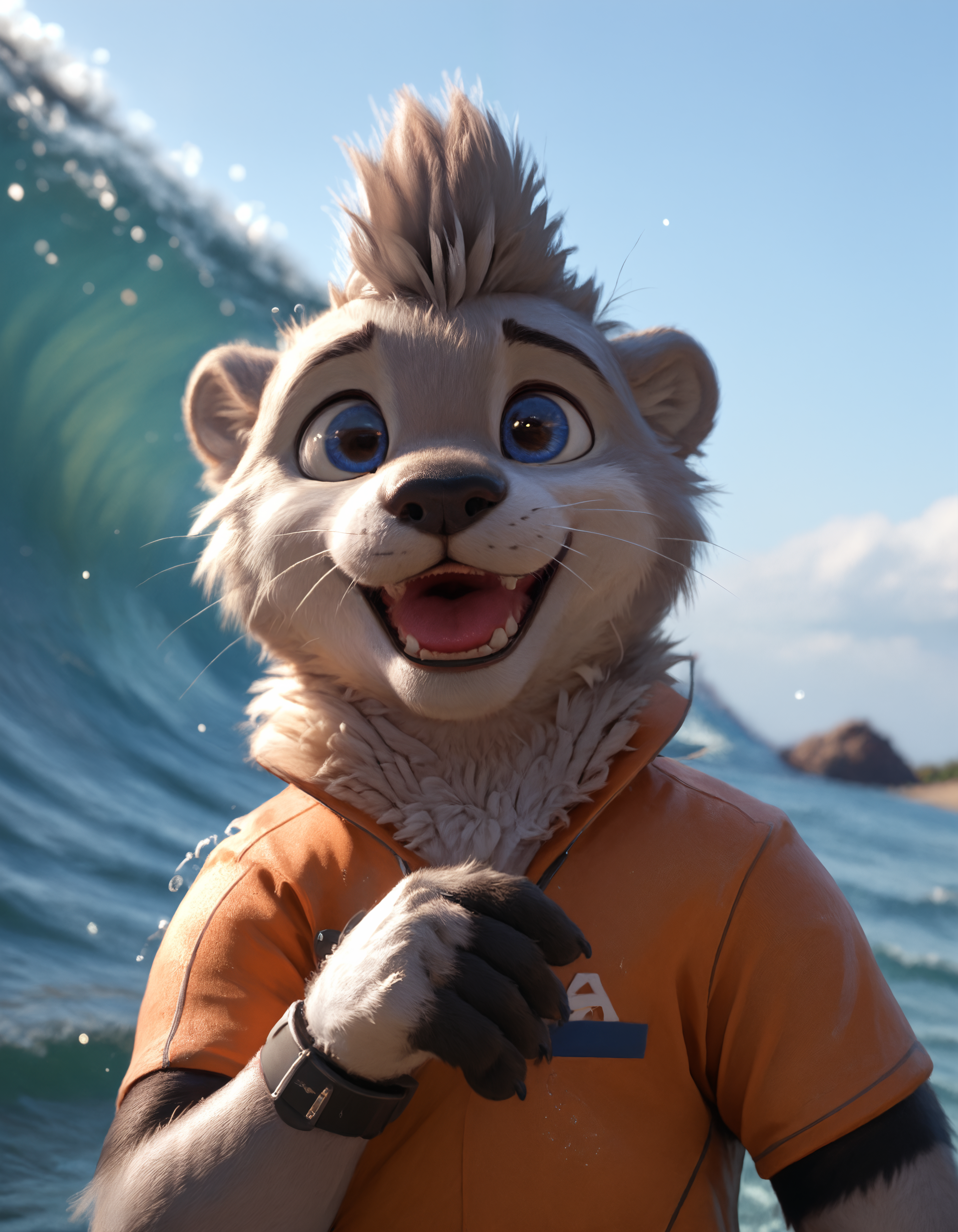 score_9, score_8_up, score_7_up, BREAK rating_safe,  detailed, cinematic lighting, hdr, particles, masterpiece, best quality, ultra realistic, 4k, 2k, film photography, RAW photo, photorealistic, analog style, subsurface scattering, photorealism, fluffy fur, detailed fur, <lora:add-detail-xl:3.0>, <lora:2.5DRealisticV2.safetensors:0.25>, <lora:sinfully_stylish_SDXL.safetensors:1.0>,  <lora:AdvancedEnhancerXLv2.safetensors:1.0>, dutch angle, (detailed background:1.1), <lora:olive_xylious-10.safetensors:1.0> olive_xylious, anthro, male, solo, male focus, 1boy, clothing, orange shirt, furry, furry male, otter, fur, tail, hi res, blue eyes, :3, upper body, close up, looking at viewer, hand greeting, pawpads, palm forward, wave, hand up yawning, black stripes