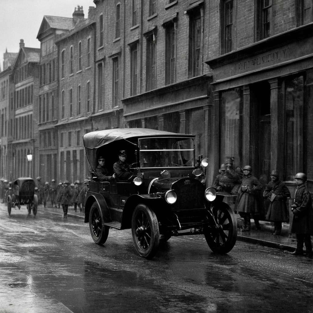 cinematic film still of  <lora:1800's style:1>
19th Century In the 1800's time era a black and white photo of a city street,monochrome,greyscale,outdoors,multiple boys,military,ground vehicle,building,scenery,motor vehicle,rain,6+boys,city,soldier , detailed, detailed background, detailed scene, perfect, perfection, cinematic, filmic, historical (themed), 1800's style, shallow depth of field, vignette, highly detailed, high budget, bokeh, cinemascope, moody, epic, gorgeous, film grain, grainy