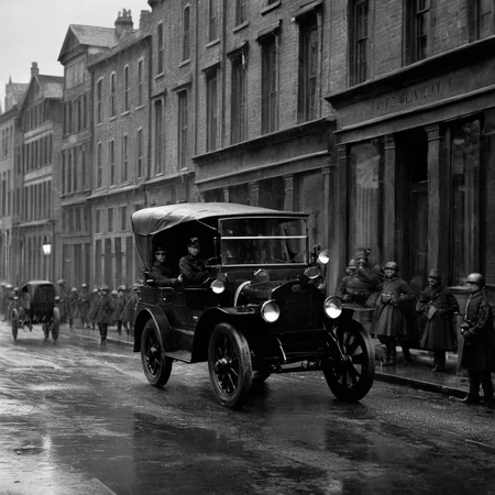 cinematic film still of  <lora:1800's style:1>
19th Century In the 1800's time era a black and white photo of a city street,monochrome,greyscale,outdoors,multiple boys,military,ground vehicle,building,scenery,motor vehicle,rain,6+boys,city,soldier , detailed, detailed background, detailed scene, perfect, perfection, cinematic, filmic, historical (themed), 1800's style, shallow depth of field, vignette, highly detailed, high budget, bokeh, cinemascope, moody, epic, gorgeous, film grain, grainy