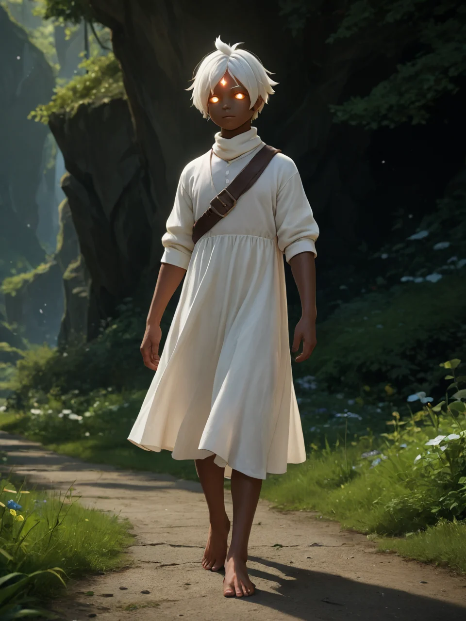 score_9, score_8_up, score_7_up, score_6_up, BREAK, SkyChildren, solo, 1boy, glowing eyes, white hair, dark skin, white dress, barefoot, full body <lora:SkyChildren:1>