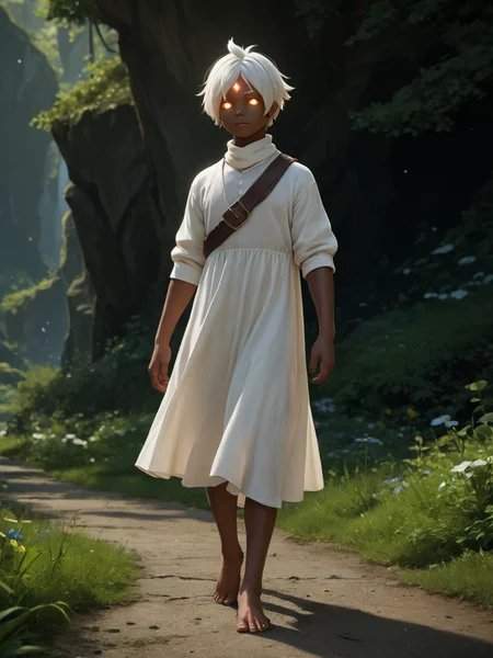 score_9, score_8_up, score_7_up, score_6_up, BREAK, SkyChildren, solo, 1boy, glowing eyes, white hair, dark skin, white dress, barefoot, full body <lora:SkyChildren:1>