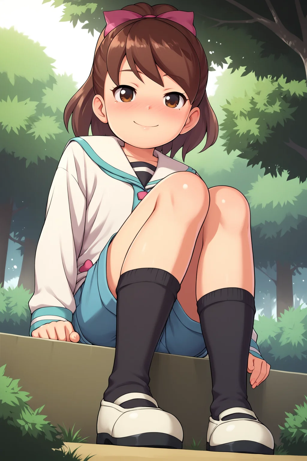 score_9, score_8_up, score_7_up, score_6_up, BREAK, KatieYWPXL, brown eyes, brown hair, short hair, bangs, high ponytail, hair ribbon, pink ribbon, flat chest, serafuku, white jacket, striped shirt, blue shorts, short shorts, black socks, loose socks, black shoes, solo, full body, sitting, ((bellow view)), seductive smile, looking at viewer, naughty face, nose blush, forest, tree <lora:KatieYWPXL:1>