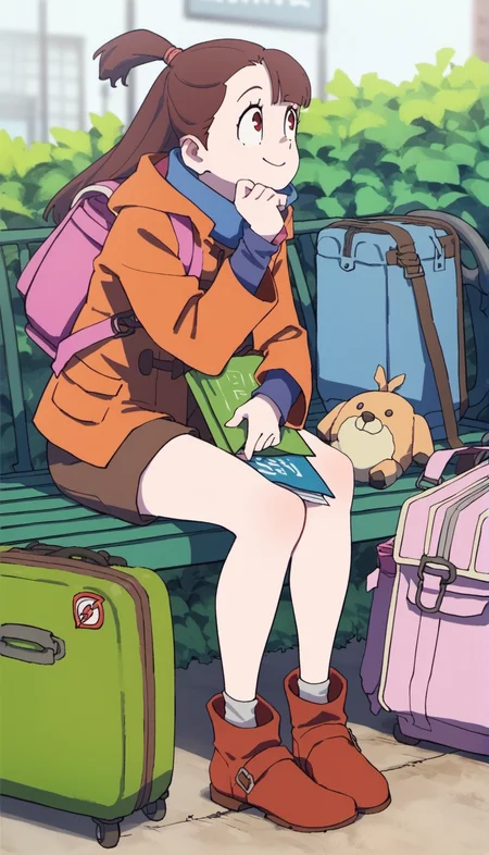 score_9,score_8_up,score_7_up,
<lora:AtsukoKagari:0.9>,akkokagari,
1girl,solo,brown hair,long hair,bangs,short ponytail,pink hair tie,red eyes,eyes looking up,smile,orange duffle coat,blue undershirt,blue high collar,brown shorts,brown boots,full body,sitting,green bench,hand on chin,holding a green notebook in one hand,around her are several pieces of luggage,a large white suitcase with a pink backpack with a plush toy beside it,a brown duffle bag,
blurry background,outdoors,grass,bush,light particles,