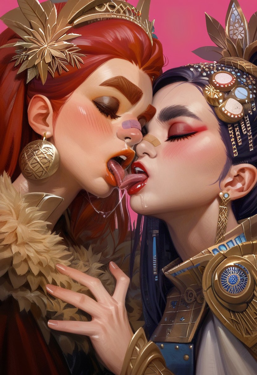 score_9, score_8_up, score_7_up, source_anime, hi res, masterpiece, best quality, highres, Nameless_Style, multiple girls, 2girls, bandaid on face, french kiss, yuri, bandaid on nose, heart, closed eyes, earrings, jewelry, saliva, makeup, tongue out, hair ornament, thick eyebrows, lipstick, blush, simple background, realistic