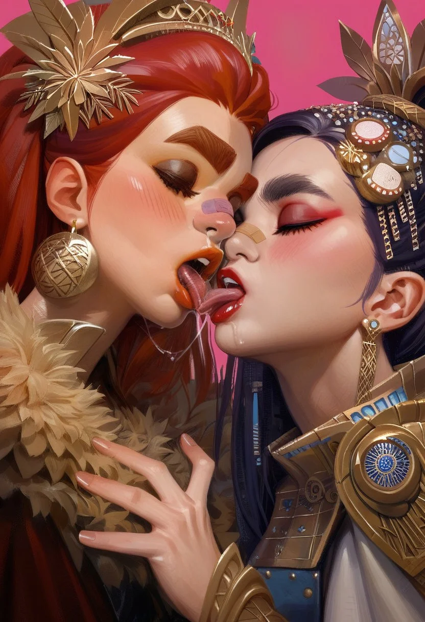 score_9, score_8_up, score_7_up, source_anime, hi res, masterpiece, best quality, highres, Nameless_Style, multiple girls, 2girls, bandaid on face, french kiss, yuri, bandaid on nose, heart, closed eyes, earrings, jewelry, saliva, makeup, tongue out, hair ornament, thick eyebrows, lipstick, blush, simple background, realistic
