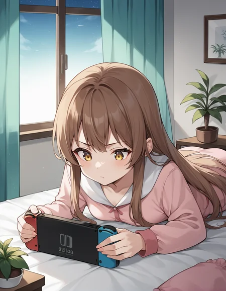 score_9, score_8_up, score_7_up, score_6_up, score_5_up, score_4_up, source_anime, rating_safe, BREAK <lora:nanahiraXL_LoRA-C3Lier_AdamW_Dim16_Alpha16_UN-3e-4_TE-1.5e-4_8batch_ponyDiffusionV6XL_v6StartWithThisOne:1>, nanahira, 1girl, long hair, brown hair, yellow eyes, small breasts, pink pajamas, lying, on stomach, nintendo switch, playing games, serious, looking down, room, on bed, bed, bed sheet, picture frame, potted plant, curtains, window, night, night sky