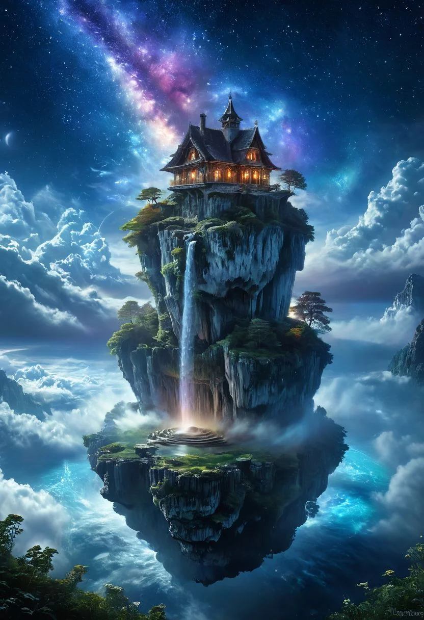 A stunning, hyper-realistic fantasy scene featuring a floating island situated above the clouds. The island hosts a quaint, rustic cottage and a towering ancient mushroom, intricate details meticulously rendered. A cascading waterfall, night sky, vibrant colors, stars twinkling against a backdrop of auroras and nebulae, magical, dreamlike ambiance, paradise straight out of a fairytale. Fantasy, magical, hyper-realistic, detailed, vibrant, serene, ethereal, dreamlike, mystical, breathtaking. milky way, aurora,
ral-mtclniscp, extremely detailed, dark, chiaroscuro, low-key,
floating island, surreal,