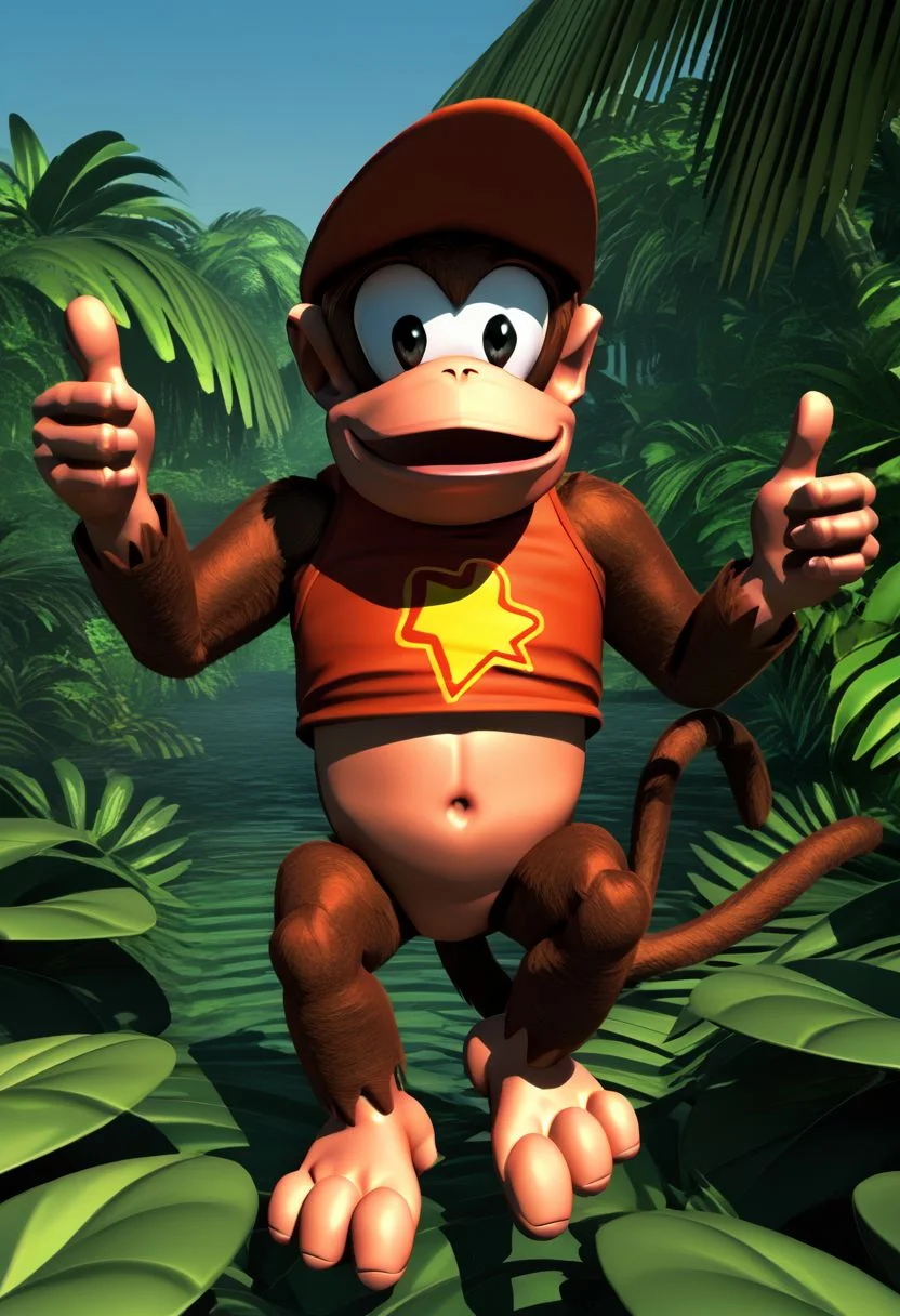 (source_furry, source_cartoon, score_9, score_8_up, score_7_up:1), solo male, diddy kong, kong, thumbs up, smile, looking at viewer, 3d, outdoors, jungle