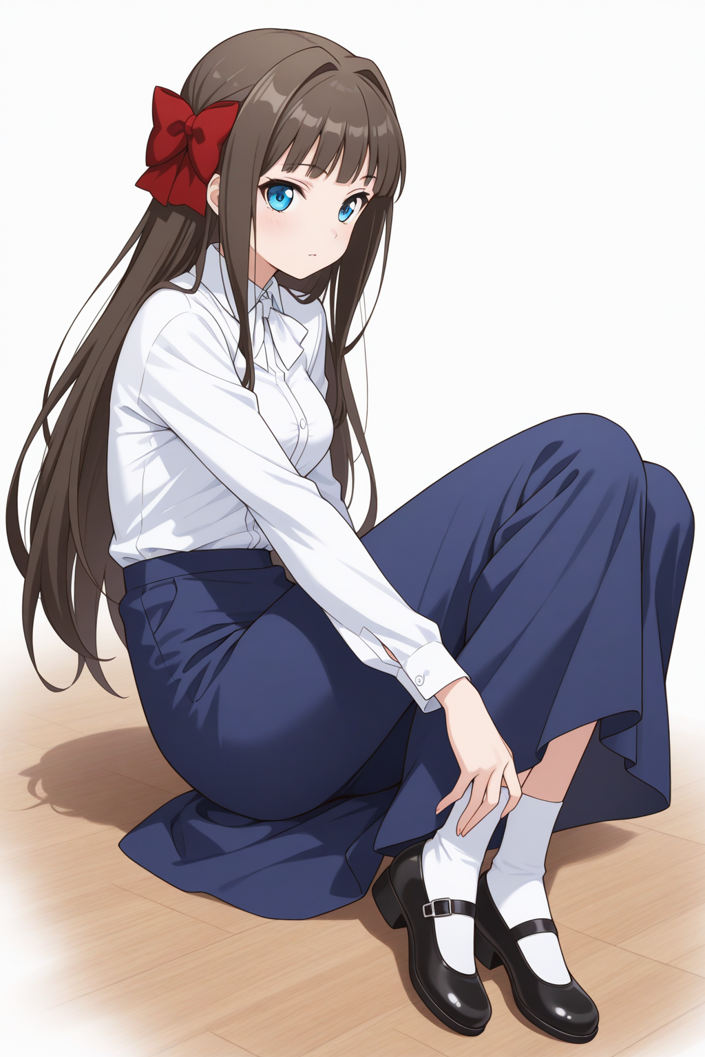 (white dress shirt blue long skirt mary janes:1.50), 
pc-asuka, blue eyes, brown hair, red hairbow, 
medium breasts, 1girl, solo, skinny,
(masterpiece, best quality, absurdres, high quality, highres, anime, anime style), 
BREAK,
(horny:1.40),
BREAK,
(:1.10),
BREAK,
(sitting:0.80),
BREAK,
(feet:1.10), 
<lora:pc-asuka-V04-illXL:0.80>