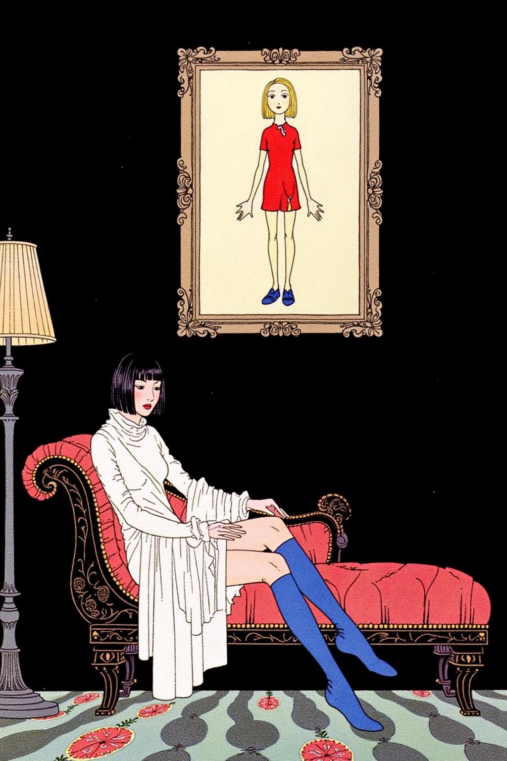 sterrett1 illustration. 
A woman seated on an antique, dark wooden chaise longue. The woman has black, straight hair styled in a bob. She is dressed in a white, oversized coat with voluminous sleeves that are tied in a dramatic, asymmetrical knot. Her outfit is complemented by bright, vivid blue, knee-high socks. She is seated with her legs crossed. The background is a deep, dark black. To her left, there is a tall, ornate lamp with a beige, pleated shade. Above her, on the dark wall, hangs a classical painting--except, instead of a traditional scene, it is a crayon drawing, done by a child. The crayon drawing features a simple stick figure with a round head, straight lines for arms and legs, and a big smile. The drawing is childishly colorful, with bright red for the body, yellow for the hair, and blue for the shoes. The figure's eyes are represented by two large dots and the smile by a curved line <lora:sterrett1_cap_d6a3e8:1.0><lora:837016120419535889:0>
