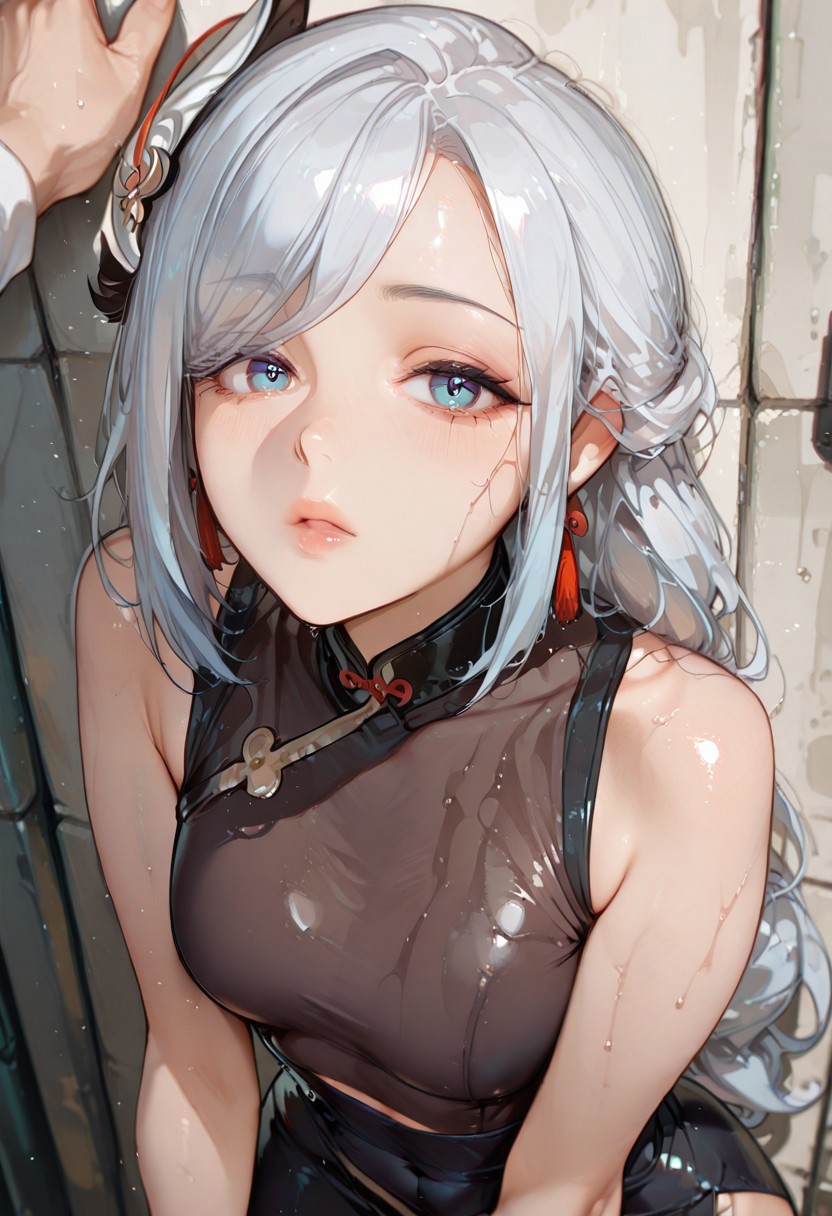 masterpiece, absurdres, newest, best quality, amazing quality, very aesthetic,1girl, score_9, score_8, score_7,high quality, masterpiece, hd,  Absurd res, high res, 4k, anime coloring, depth of field,
beautiful, open eyes,
female model face, 96yottea, very fit body, luscious lips, sexy, pale skin, sweat, medium breasts, sexy, shenhe (genshin impacts), female adult, 
sweat,
1 girl, solo,  modern lighting, mouth open widely, athletic body, very thin waist, skinny body, petite body, adult female, 
outdoor setting,  simple background, 
from the front, 
leaning forward, holding weapons,
looking at viewer, povkabedon, 1girl, solo focus,