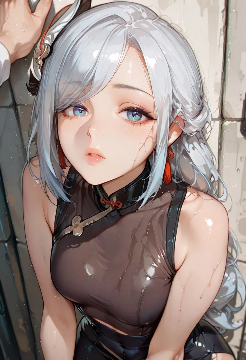 masterpiece, absurdres, newest, best quality, amazing quality, very aesthetic,1girl, score_9, score_8, score_7,high quality, masterpiece, hd,  Absurd res, high res, 4k, anime coloring, depth of field,
beautiful, open eyes,
female model face, 96yottea, very fit body, luscious lips, sexy, pale skin, sweat, medium breasts, sexy, shenhe (genshin impacts), female adult, 
sweat,
1 girl, solo,  modern lighting, mouth open widely, athletic body, very thin waist, skinny body, petite body, adult female, 
outdoor setting,  simple background, 
from the front, 
leaning forward, holding weapons,
looking at viewer, povkabedon, 1girl, solo focus,