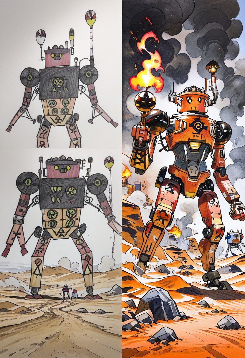 masterpiece, best quality,   outdoors, fire, robot, mecha, smoke, science fiction, rock, desert  ,<lora:Pr0VsN00b:1.0>,