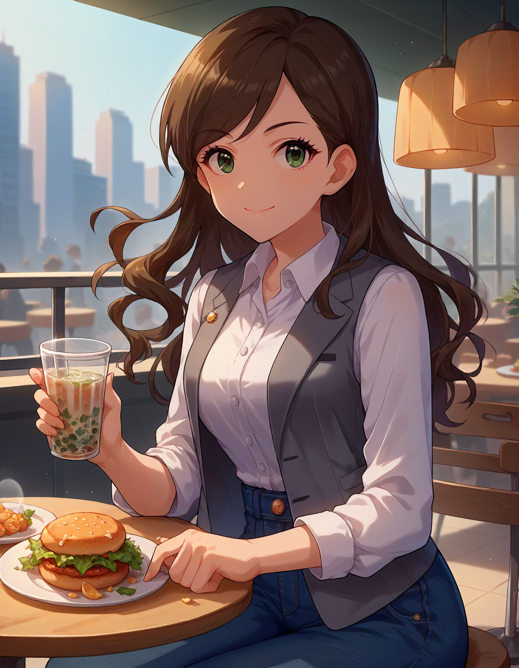 score_9,score_8_up,score_7_up,1girl,solo,sitting,looking at viewer,smile,closed mouth,holding cup,city,cafeteria,
<lora:etoumisaki_ponyXLV6:0.8>,cgem,brown hair,long hair,green eyes,
formal,grey vest,white shirt,denim