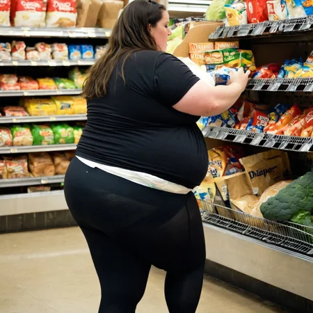 (side profile:1.3), (morbidly obese preggo woman:1.4), (rushing groceries:1.5), (absorbed in daily duties:1.2), (wearing diaper under black leggings:1.4), (sweating:1.3), (tired:1.5), (heavily pregnant:1.4), sixth pregnancy, very fed up, (hot weather:1.3), (realistic:1.2), (documentary style:1.2), (Mary Ellen Mark:1.3)
Shape of diaper visible under leggings, diaper covered by leggings but sticking out