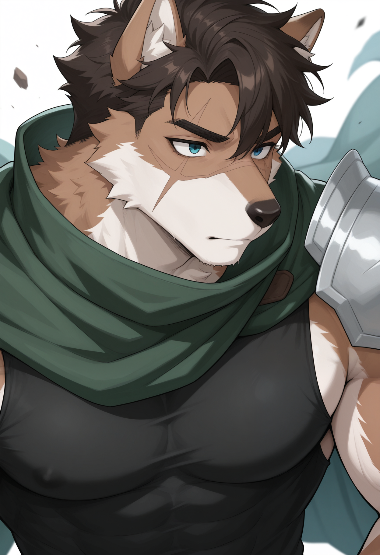masterpiece,best quality,amazing quality, 1boy, solo, dunk, dog male, dark brown hair, multicolored fur, blue eyes, scar over face, green cape, black shirt, single pauldron,   close up, side angle,