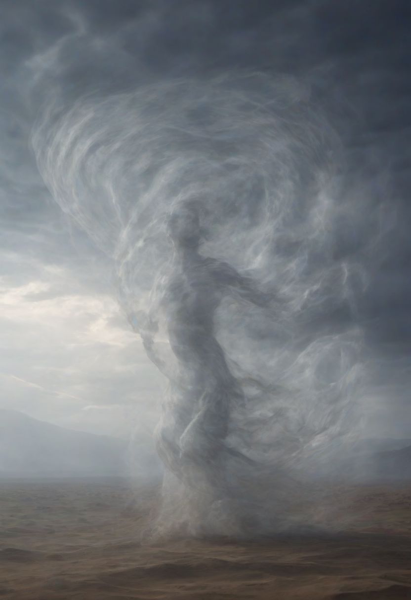 a stormy scene with lightning in the background, in the center of the image is a large glass sculpture of a woman levitating high in the sky, the glass woman is glistening in the sunlight against the storm, inside the glass sphere an air elemental which looks like smoke, the glass woman is levitating in mid air and is surrounded by a veil of smoke, stormy sky with lightning in the background, looking up at the glass sphere with the ground far below