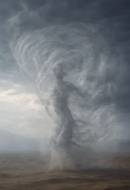 a stormy scene with lightning in the background, in the center of the image is a large glass sculpture of a woman levitating high in the sky, the glass woman is glistening in the sunlight against the storm, inside the glass sphere an air elemental which looks like smoke, the glass woman is levitating in mid air and is surrounded by a veil of smoke, stormy sky with lightning in the background, looking up at the glass sphere with the ground far below