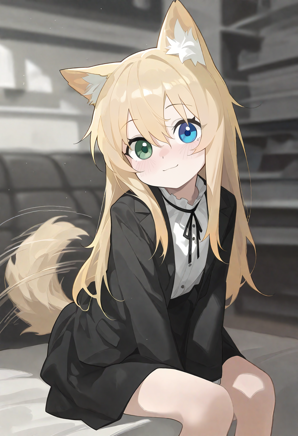 pnya,
1girl, tail, animal ears, tail wagging, dog tail, solo, dog ears, dog girl, looking at viewer, indoors, sitting, blurry background, smile, blue eyes, long hair, blush, skirt, blonde hair, black skirt, closed mouth, tail raised, animal ear fluff, depth of field, green eyes, hair between eyes, heterochromia, 
, masterpiece, best quality, good quality,
<lora:ai_styles_collection_noob_vpred-1.0-v5:1>