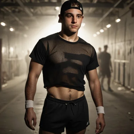 (score_9, score_8_up, score_7_up), rating_explicit, best quality, highly detailed, ultra high quality, masterpiece, high res, photorealistic, male focus, jacob_custos, (pectorals), muscular, six pack, tall, hazel eyes, navel hair, backwards cap, mesh black shirt, athletic shorts, socks and sneakers, wristband, dynamic pose,