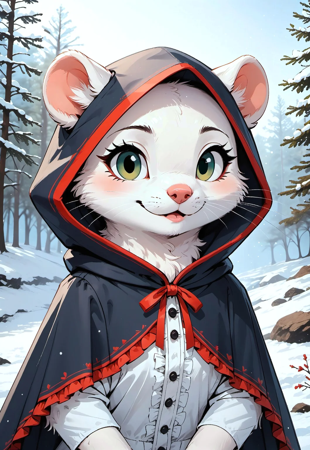 score_9, score_8_up, score_7_up, score_6_up, score_5_up, score_4_up, m0use_maximilla, female, (((mustelid))), (feral:1.3), (cute:1.2), (green eyes), fluffy, (white fur:2), outdoors, snow, winter, cold, (side view:0.2) (small paws:1.5), (upper body shot:2), fluffy tail, (black tail), ((warm hooded cloak, red trim), hood up, frilly shirt), forest, (blurry background, depth of field:3),