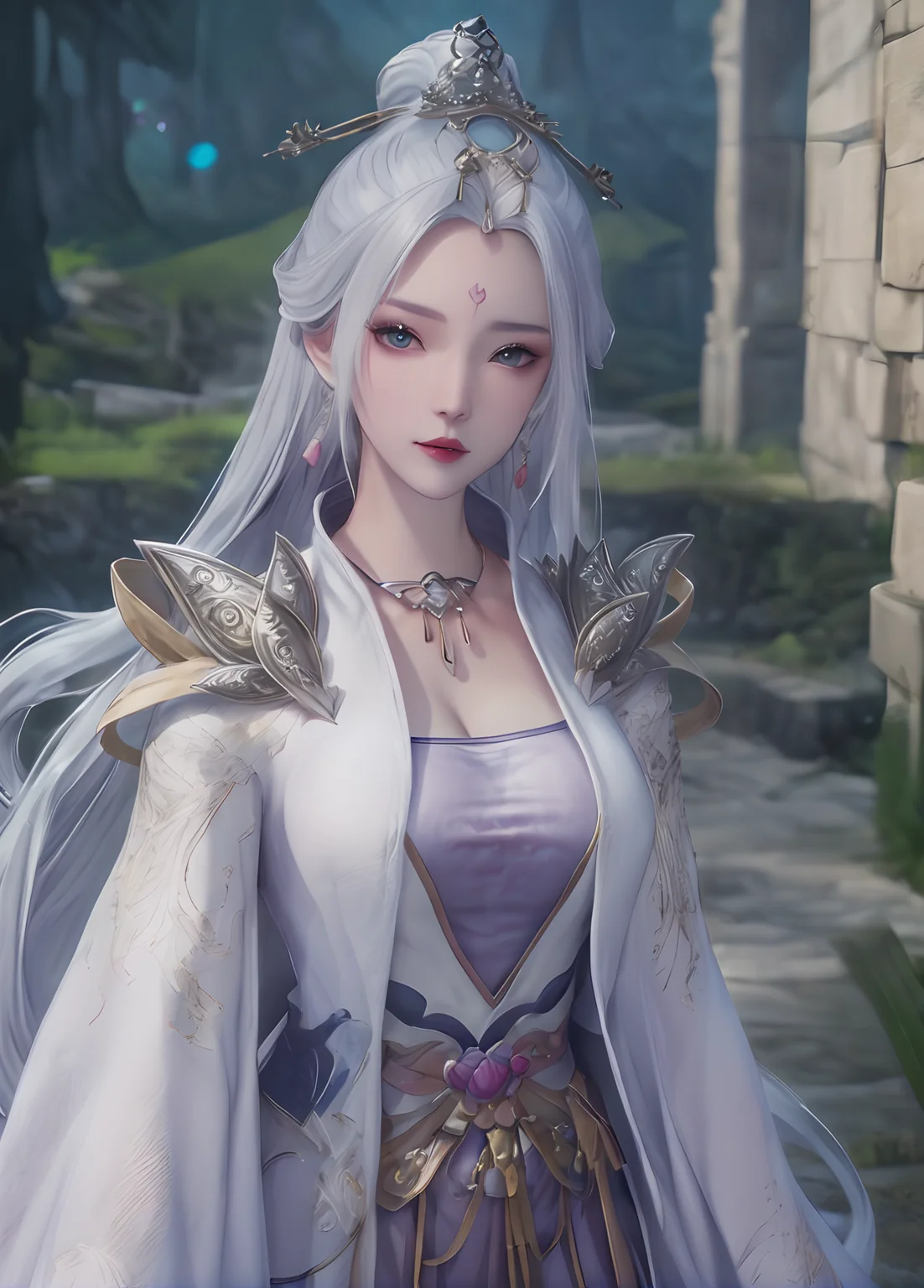 (cowboy_shot:1.4),game cg,1girl,blue eyes,blurry background,chinese clothes,facial mark,forehead mark,hair ornament,jewelry,looking at viewer,solo,white hair,ultra realistic 8k cg,picture-perfect face,flawless,clean,masterpiece,professional artwork,famous artwork,cinematic lighting,cinematic bloom,perfect face,beautiful face,beautiful eyes,fantasy,dreamlike,unreal,absurdly long hair,very long hair,(rich:1.4),detail,delicate pattern,charming,alluring,seductive,erotic,enchanting,hair ornament,looking at viewer,<lora:mengqianqiu_V1:1>,