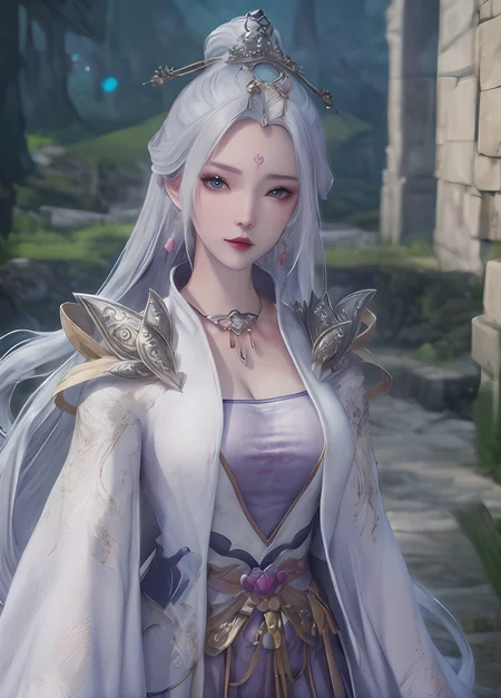 (cowboy_shot:1.4),game cg,1girl,blue eyes,blurry background,chinese clothes,facial mark,forehead mark,hair ornament,jewelry,looking at viewer,solo,white hair,ultra realistic 8k cg,picture-perfect face,flawless,clean,masterpiece,professional artwork,famous artwork,cinematic lighting,cinematic bloom,perfect face,beautiful face,beautiful eyes,fantasy,dreamlike,unreal,absurdly long hair,very long hair,(rich:1.4),detail,delicate pattern,charming,alluring,seductive,erotic,enchanting,hair ornament,looking at viewer,<lora:mengqianqiu_V1:1>,