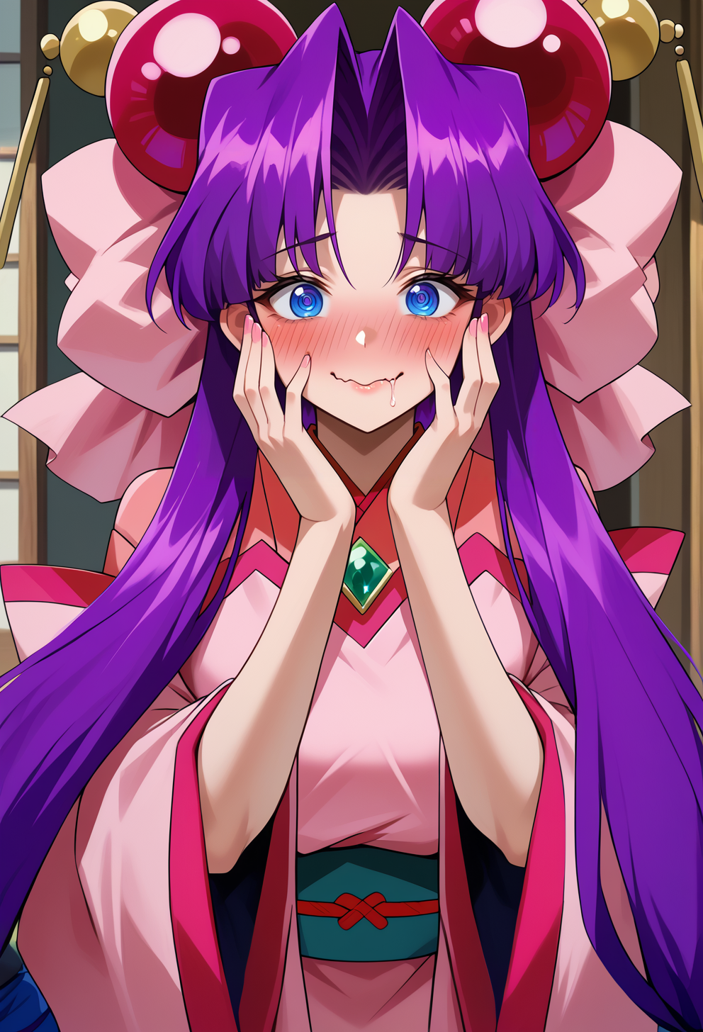 score_9, score_7_up, source_anime, BREAK  <lora:AECherry-000009:1> AECherry, blue eyes, purple hair, very long hair, low-tied long hair, hair bow, hair ornament, huge bow, pink bow, gem, japanese clothes, kimono, long sleeves, wide sleeves, pink dress, pink kimono, wide sleeves, off-shoulder dress,
smile, hands on own cheeks, wavy mouth, saliva, female pervert, pervert, full-face blush,