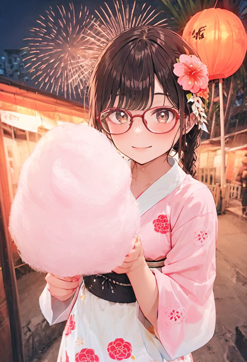 masterpiece, best quality, very aesthetic, absurdres,
cotton candy, 1girl, solo, glasses, black hair, holding, holding food, food, skewer, yukata, hair flower, braid, night, summer, paper lantern, 
 <lora:wataame_SDXL_V1:1>
