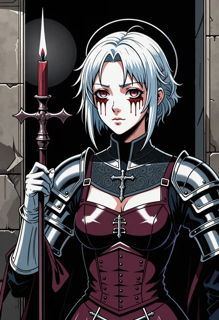 A flat 2D minimalist concept artwork of a sanguine conjurer embodying grimdark aesthetics and a whimsical sense of vanity.  She is raising a bloodsteel-made crozier firmly, in a determined stance. Sigils of burgundy wax adorn the rod's top part, emanating a magical aura surrounding the staff like a magical barrier.  Her slim figure is covered in an outrageous leather armor with a crimson design, featuring an intricate apron cinched at the waist, paired with bloody shreds of cloth. Bloody pages of parchment are seen on a round pauldron on one shoulder, attached with crimson wax seals. The pages are scribbled with evil scripture. Fine embroidery underlines the outfit's refined style.  A sanguine iron halo behind her head adorns her head, wavy silver hair visible beneath.  Taking place in a bloody cathedral ruin with tall burgundy stained glass windows, shrouding the scene in a shimmering light. The setting's bizarre tone is defined by spectral lighting.  The concept artwork's style is a messy speedpaint, showcasing expressionist brushstrokes, using flat designs with lineless shapes and free form. The color scheme is showing clashing shades.   <lora:dmd2_sdxl_4step_lora> <lora:xl_AnimeSythenticV1.1>