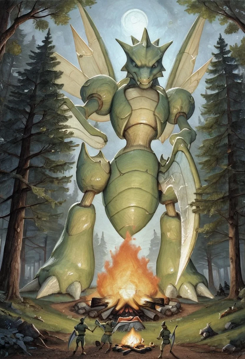 score_9, score_8, score_7, forest, moonlight, low-angle_view, (Scyther, (giantess), male, slim), campfire, dark theme, low light, oil painting, traditional media, realistic, best_quality