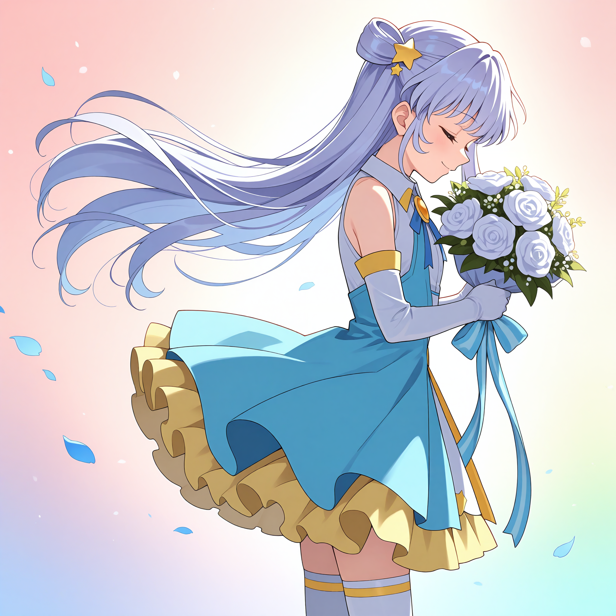 <lora:Dia_Viekone_1_nai-000034:1>,Dia Viekone,double bun,star hair ornament,crescent hair ornament,
magical girl,official outfit,white gloves,elbow gloves,white thighhighs,blue dress,brooch,white shirt,collared shirt,sleeveless shirt,neck ribbon,blue ribbon,frills,
1girl,solo,holding bouquet,smile,closed eyes,from side,simple background,petals,falling petals,head down,standing,floating hair,multicolored background,