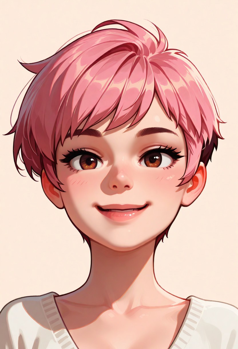 chibi, high contrast, masterpiece, best quality, amazing quality, very aesthetic, retro artstyle, realistic, promotional art, newest, volumetric lighting.
(artist:incase:0.5), (artist:tsuaii:0.5), color theory,
1girl, face, solo, straight-on, focus on face, front view, portrait, (happy: 1.5), Pixie cut, pink hair, brown eyes, luminescent background, simple background.